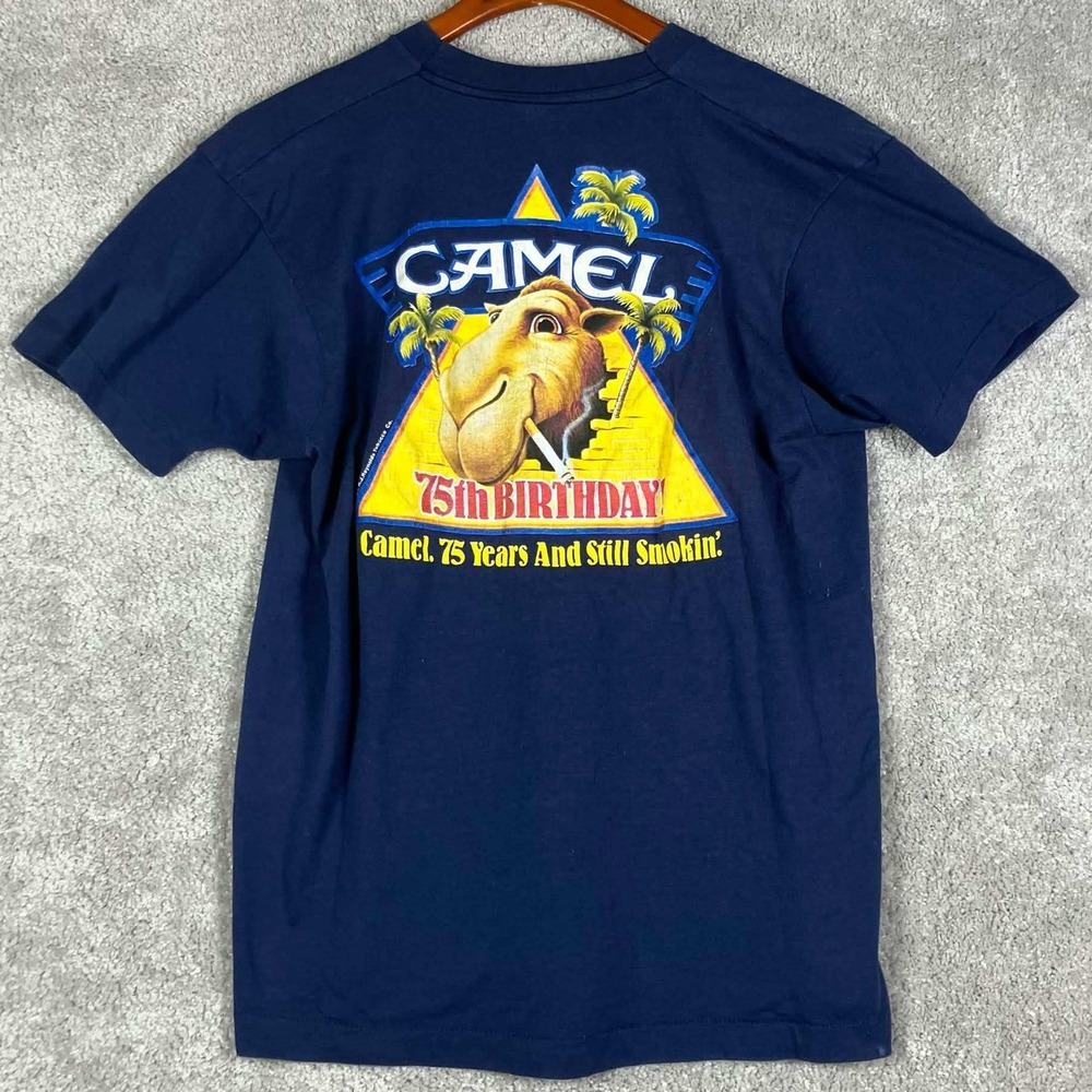 Vintage 80s Camel T Shirt Mens XL Blue 1988 75th Birthday Joe Camel Screen Stars